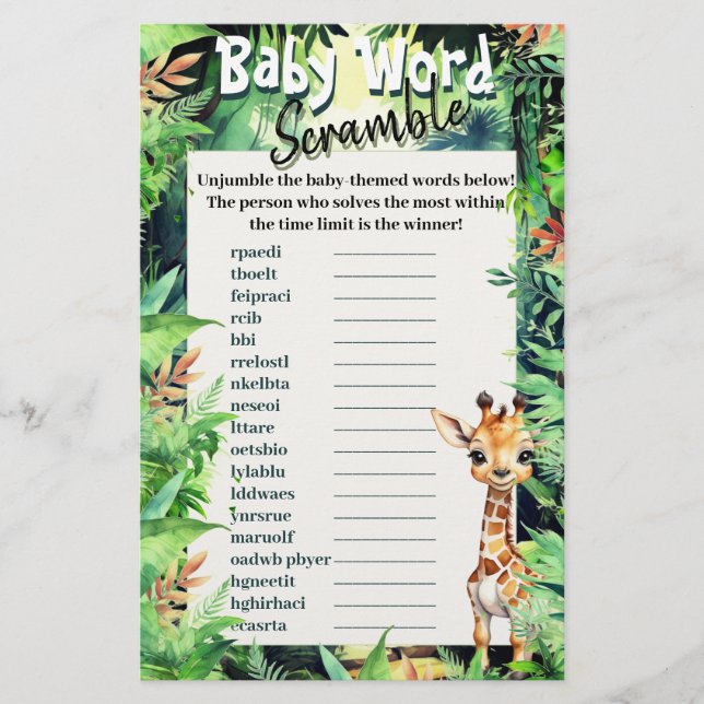 Safari Baby shower Word Scramble Giraffe Groen (Voorkant)