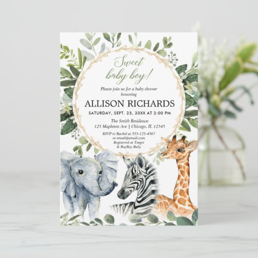 Safari baby shower, zoete oerwouden zoemeltjes kaart (Staand voorkant)