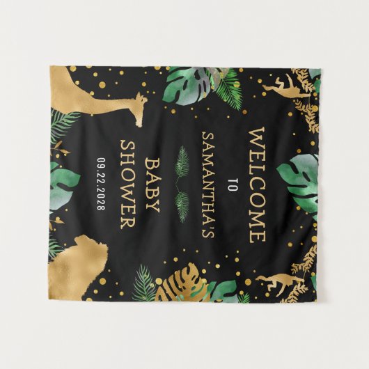 Safari Baby Shower Zwart Goud Groen Welkom Wandkleed (Voorkant (horizontaal))