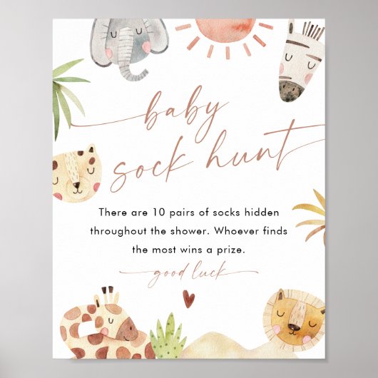 SAFARI Baby Sock Hunt Baby shower Game Sign Poster (Voorkant)