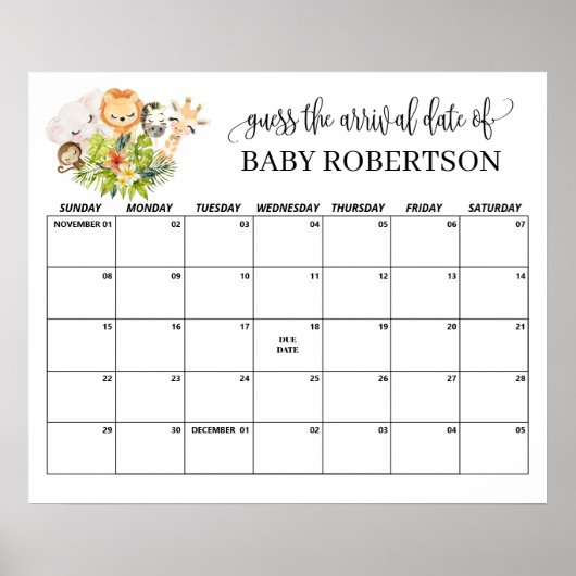 Safari Baby Wild Shower Raad de Datum Kalender Poster (Voorkant)