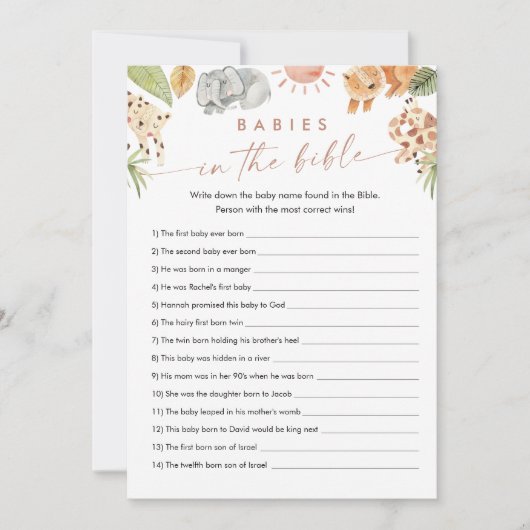 SAFARI baby's in de bijbel Baby shower spel Kaart (Voorkant)