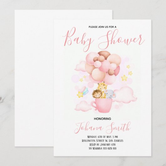 Safari Ballon Pink Cute Baby shower Uitnodiging (Voorkant / Achterkant)