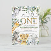 Safari Birthday Invitation, Wild One BOY Party 1st Kaart (Staand voorkant)