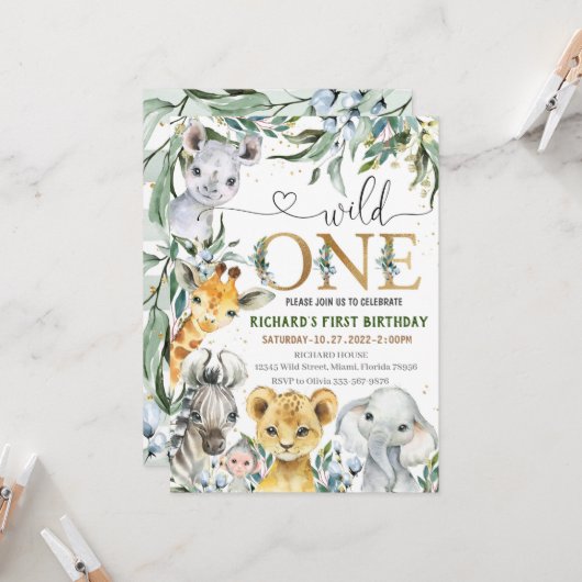 Safari Birthday Invitation, Wild One BOY Party 1st Kaart (Voorkant / Achterkant in situ)