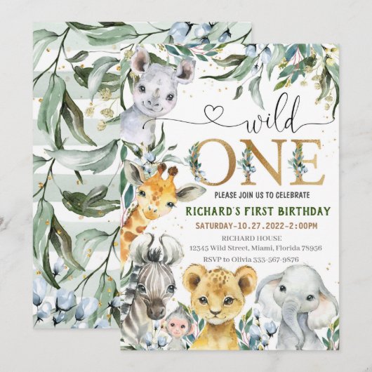 Safari Birthday Invitation, Wild One BOY Party 1st Kaart (Voorkant / Achterkant)