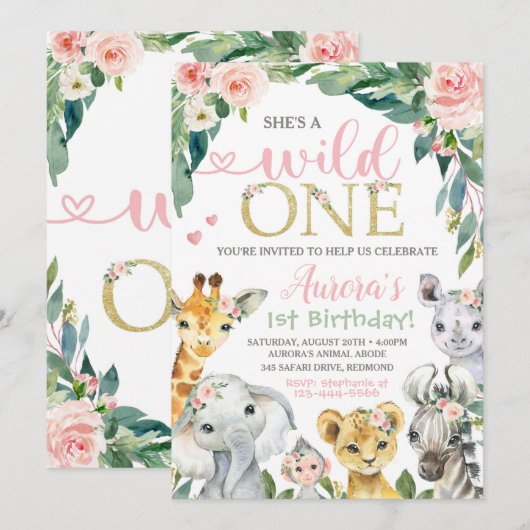 Safari Birthday Invitation Wild One Uitnodiging (Voorkant / Achterkant)