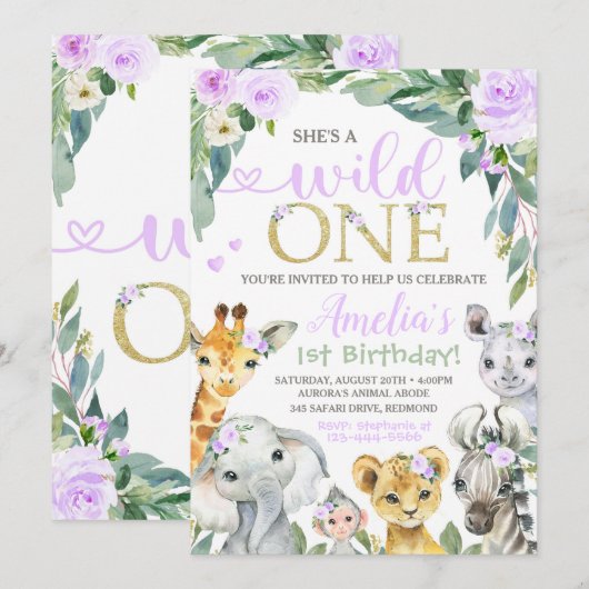 Safari Birthday Invitation Wild One Uitnodiging (Voorkant / Achterkant)
