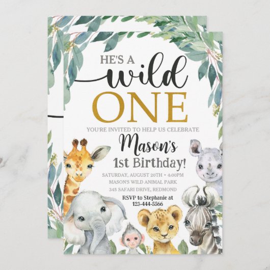 Safari Birthday Invitation Wild One Uitnodiging (Voorkant / Achterkant)