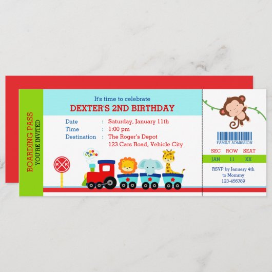Safari Birthday Invitations (Animal Train Boys) Kaart (Voorkant / Achterkant)