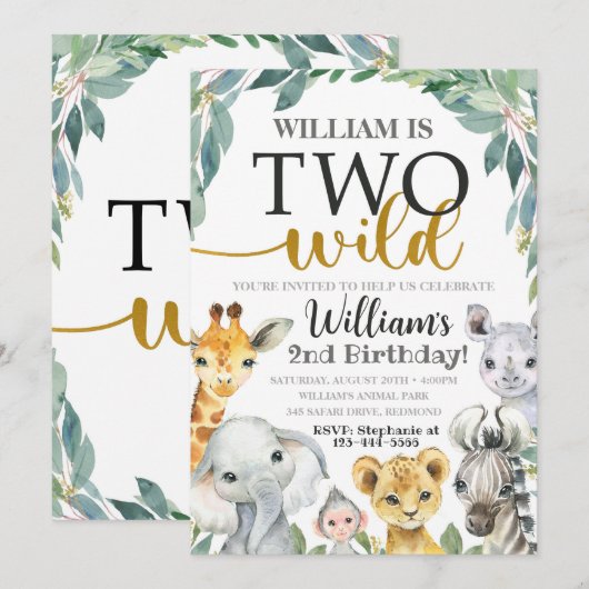 Safari Birthday Uitnodiging twee wilde Uitnodiging (Voorkant / Achterkant)