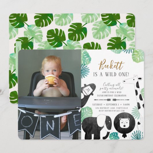 Safari Black en Green Photo Birthday Invite Kaart (Voorkant / Achterkant)