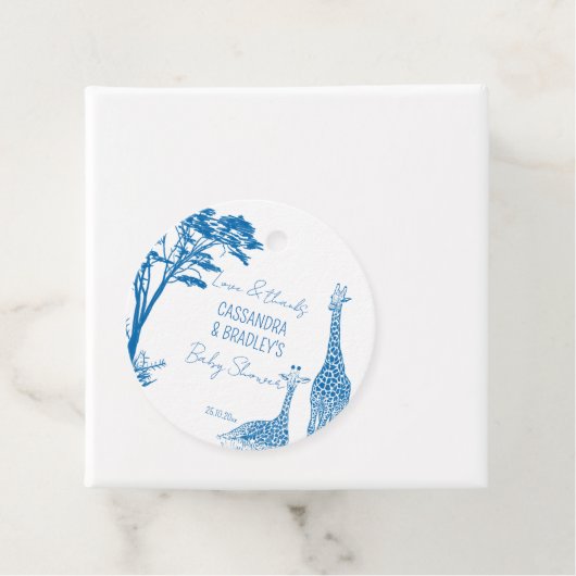 Safari blauw toile giraffe baby shower bedankjes labels (In situ)