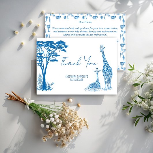 Safari blauw toile giraffe baby shower bedankkaart