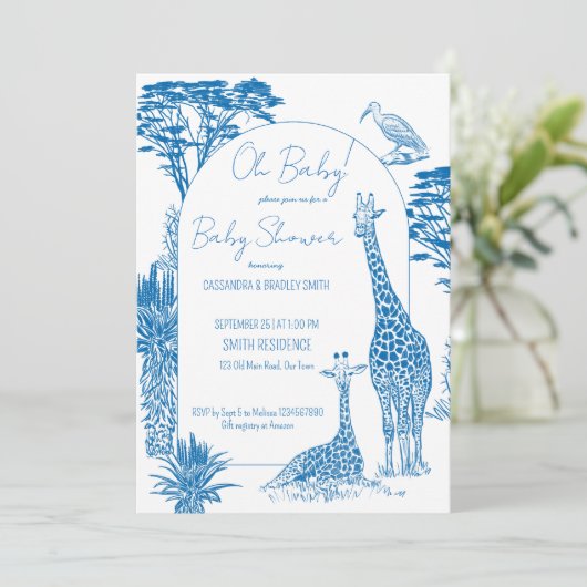 Safari blauw toile giraffe baby shower kaart (Staand voorkant)