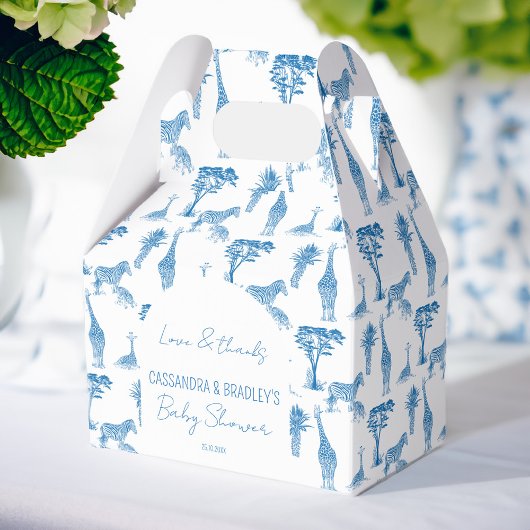 Safari blauw toile giraffe baby shower monogrammed bedankdoosjes