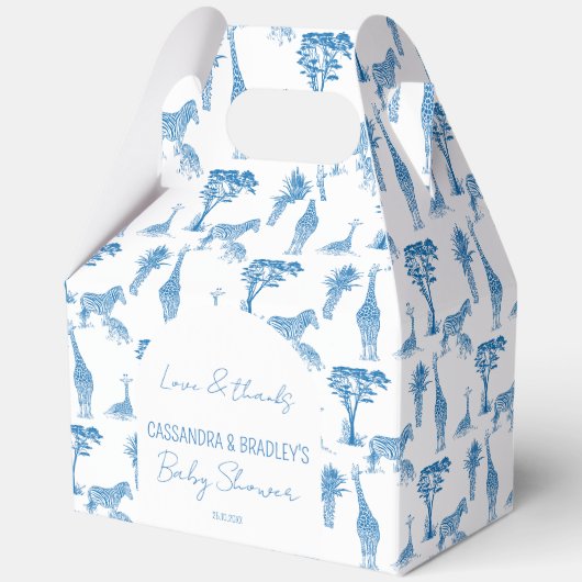 Safari blauw toile giraffe baby shower monogrammed bedankdoosjes (Voorkant)