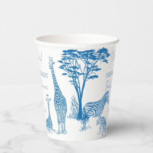 Safari blauw toile giraffe baby shower monogrammed papieren bekers (Rechts)