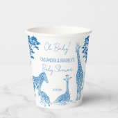 Safari blauw toile giraffe baby shower monogrammed papieren bekers (Voorkant)
