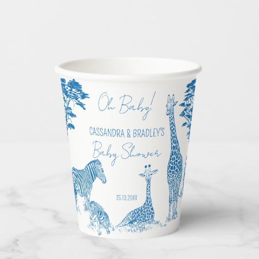 Safari blauw toile giraffe baby shower monogrammed papieren bekers (Voorkant)