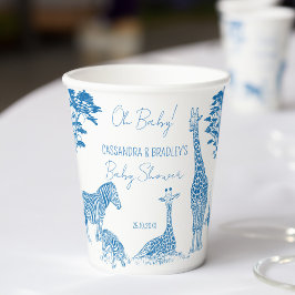 Safari blauw toile giraffe baby shower monogrammed papieren bekers