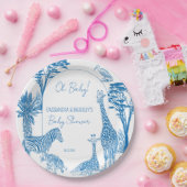Safari blauw toile giraffe baby shower monogrammed papieren bordje (Feest)