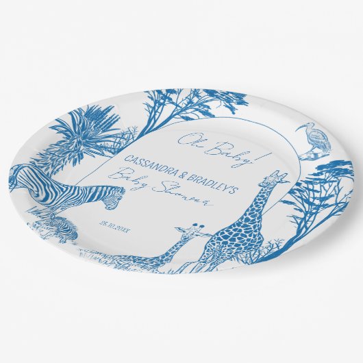 Safari blauw toile giraffe baby shower monogrammed papieren bordje (Gekanteld)