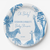 Safari blauw toile giraffe baby shower monogrammed papieren bordje (Voorkant)