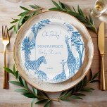 Safari blauw toile giraffe baby shower monogrammed papieren bordje<br><div class="desc">African Safari Blue toile giraffe baby shower monogrammed gepersonaliseerde papier borden sjabloon, stoffige blauw Franse toile stijl safari thema baby shower op maat papieren borden, leuke baby giraffe, acaciaboom, aloe tree ibis hadeda vogel Afrikaanse thema baby shower gepersonaliseerde tafel decor, baby boy baby shower borden, moderne sketch toile baby shower...</div>