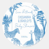Safari blauw toile giraffe baby shower ronde sticker (Voorkant)