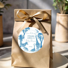 Safari blauw toile giraffe baby shower ronde sticker