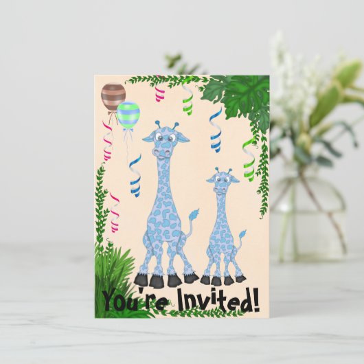 Safari Blue Giraffe Baby shower uitnodiging (Staand voorkant)