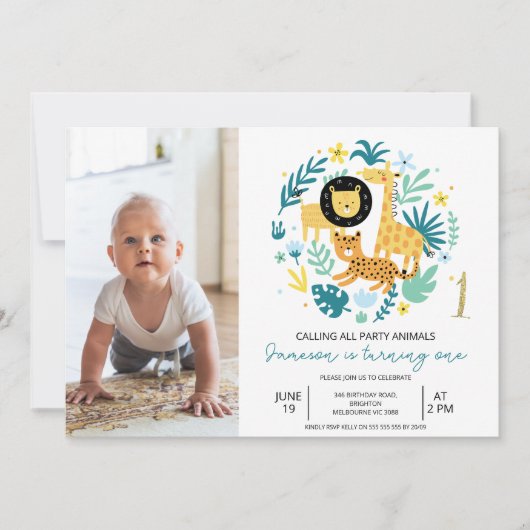Safari Blue roept alle feestdieren 1e verjaardag Kaart (Voorkant)
