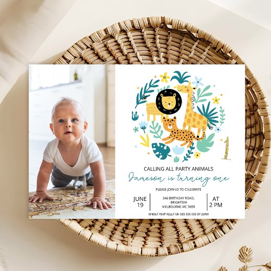 Safari Blue roept alle feestdieren 1e verjaardag Kaart