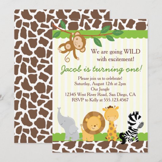 Safari Boy 1st Birthday Party Invitation Kaart (Voorkant / Achterkant)
