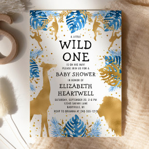 Safari Boy Baby Shower Blauwe Gouden Uitnodiging