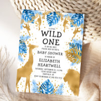 Safari Boy Baby Shower Blauwe Gouden Uitnodiging