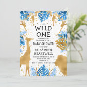 Safari Boy Baby shower Blue Gold Invitation (Staand voorkant)