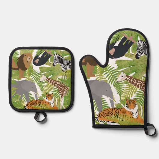 Safari Boy Cute Oerwoud Animals | Meisje Ovenwant & Pannenlap Set (Voorkant)