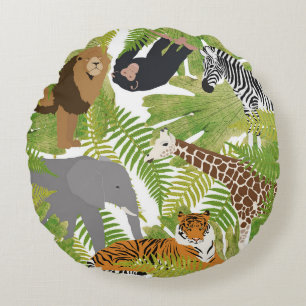 Safari Boy Cute Oerwoud Animals   Meisje Rond Kussen