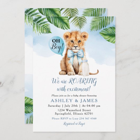 Safari Boy Lion Greenery Baby shower Bow stropdas Kaart (Voorkant / Achterkant)