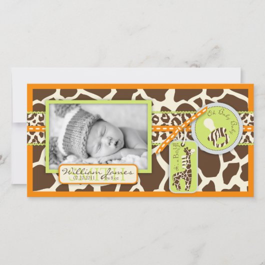 Safari Boy Oranje Fotokaart Aankondiging (Voorkant)