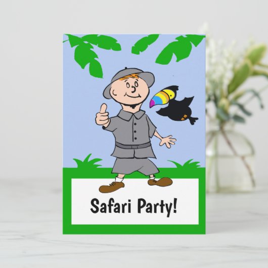 Safari Boy & Toucan Oerwoud Theme Uitnodiging (Staand voorkant)