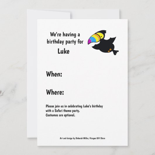Safari Boy & Toucan Oerwoud Theme Uitnodiging (Achterkant)