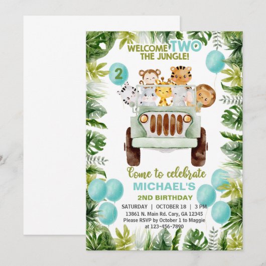 Safari car & animal boy 2e verjaardag Uitnodiging. Kaart (Voorkant / Achterkant)