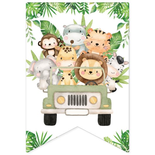 Safari Car Greenery Birthday Oerwouden Vlaggetjes (Eerste vlag)