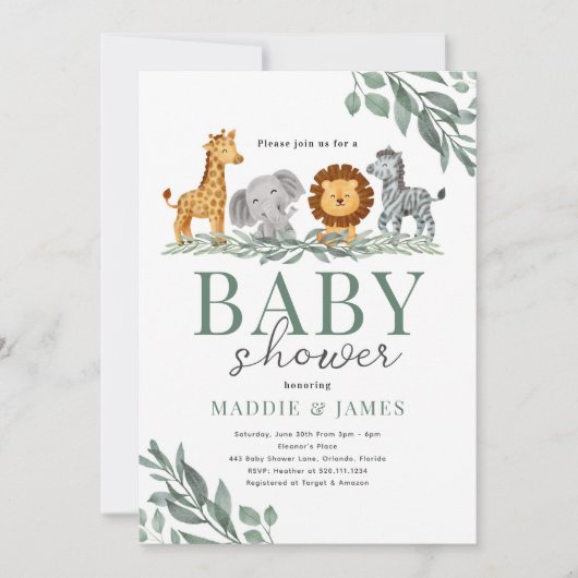 Safari Cute Animals Baby shower Invitation Kaart (Voorkant)