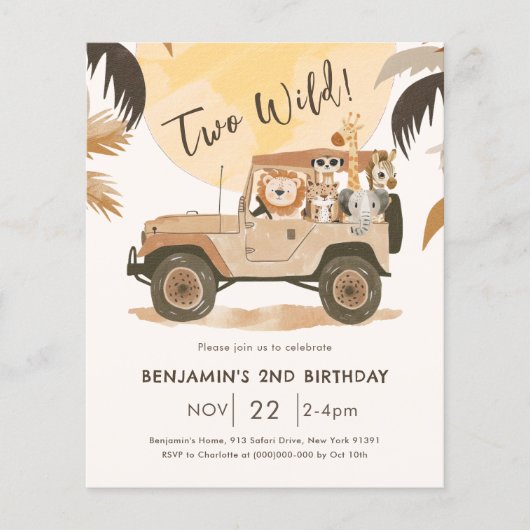 Safari Dier 2e Verjaardag Budget Uitnodiging (Voorkant)