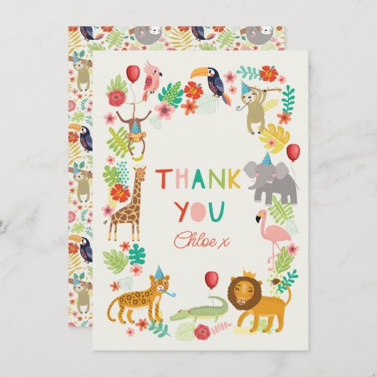 Safari Dier Bedankt, Kleurrijk leuk Jungle Thema Bedankkaart (Voorkant / Achterkant)