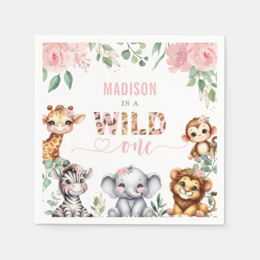 Safari Dier Blush Roze Bloemen Wild Een Verjaardag Servet (Voorkant)